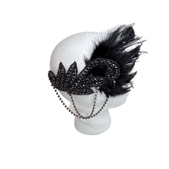 Flappers Style Black Rhinestone Feathered Headband Art Deco Style One Size Adult - Picture 3 of 6